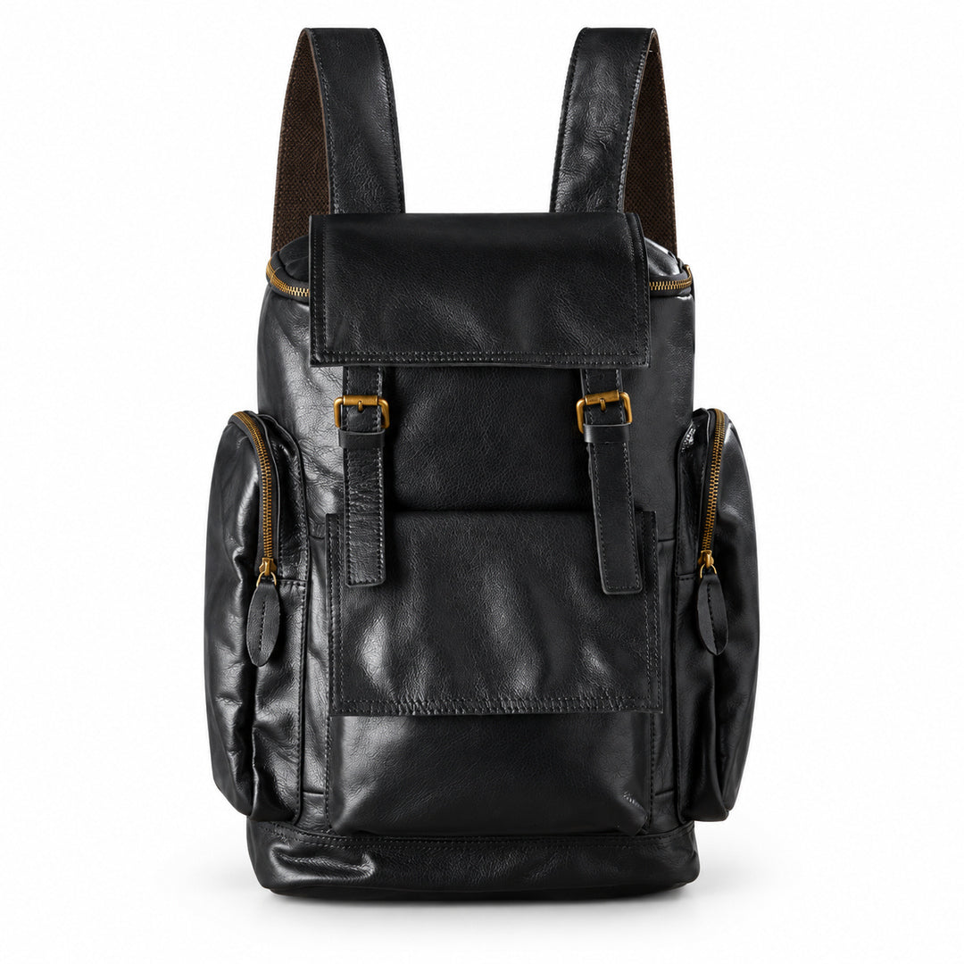 Black full-grain leather backpack with a front flap, twin buckles and stitched front pocket