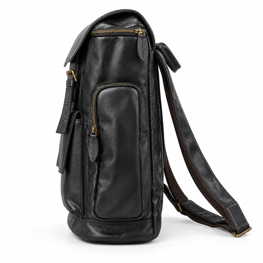 Black full-grain leather backpack with a tall side zip pocket and adjustable straps, side view