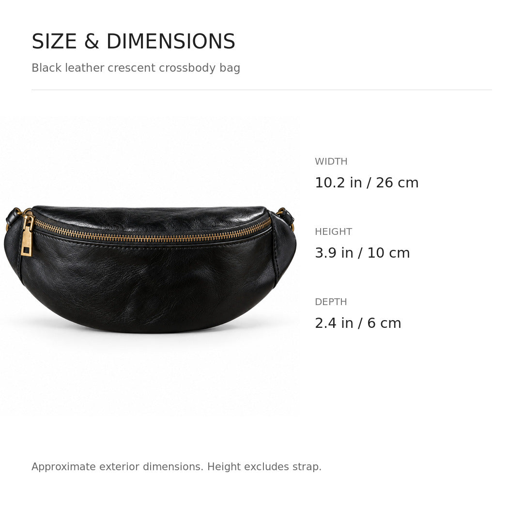 Black leather crescent crossbody bag with gold-tone zipper hardware.