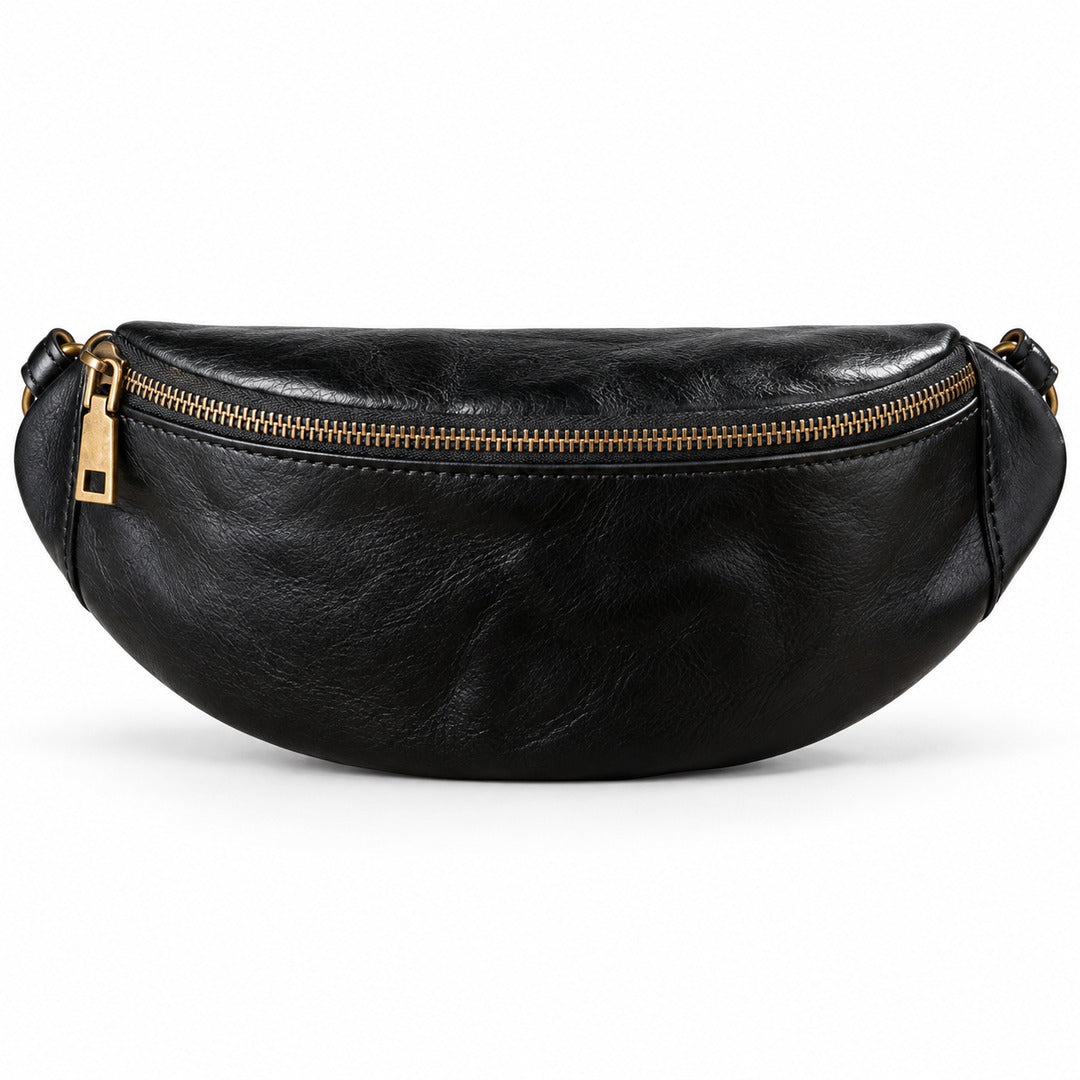 Black leather fanny pack with gold-tone zipper and hardware.