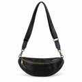 Black leather fanny pack with a gold zipper and gold-tone hardware, featuring an adjustable black shoulder strap.