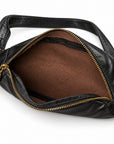 Black leather crossbody bag shown open, displaying a brown fabric interior and gold-tone zippers with a matching leather strap.