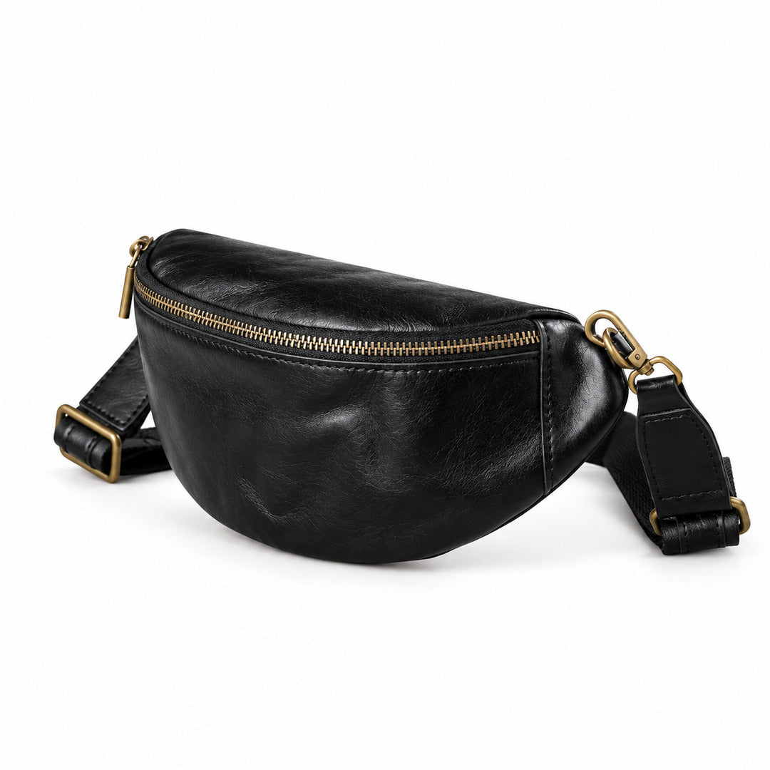 Black leather crossbody bag with gold-tone hardware and an adjustable shoulder strap.