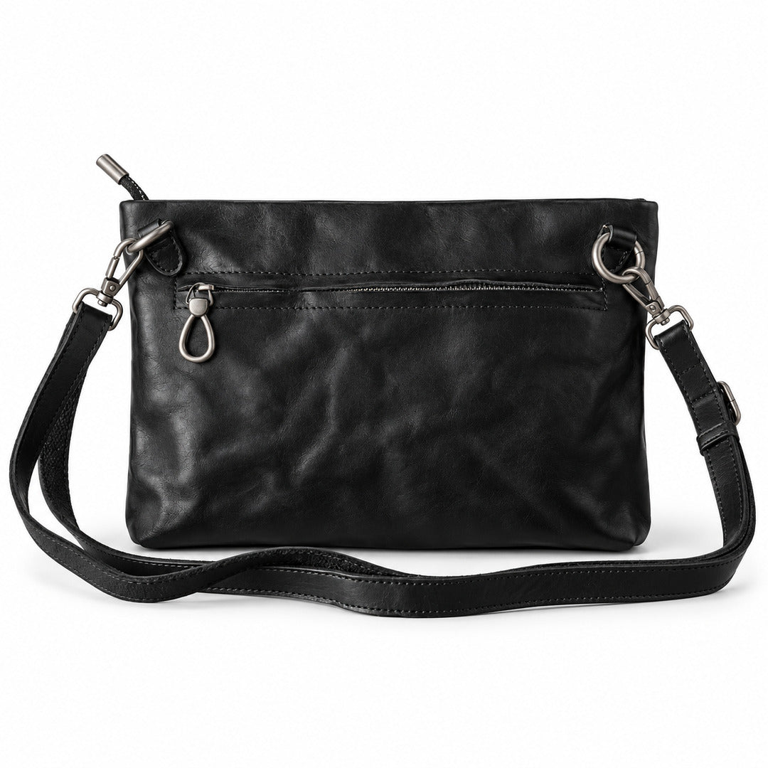 Black leather crossbody bag with a front zip pocket, silver-tone hardware, and an adjustable shoulder strap.