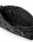 Black leather clutch bag shown open to display its interior, featuring multiple card slots, a zippered pocket, and a black shoulder strap with silver-tone hardware.