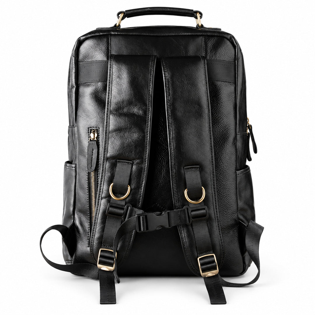 Black leather backpack shown from the back, featuring padded shoulder straps, a top carry handle, side zip pockets, and gold-tone hardware.