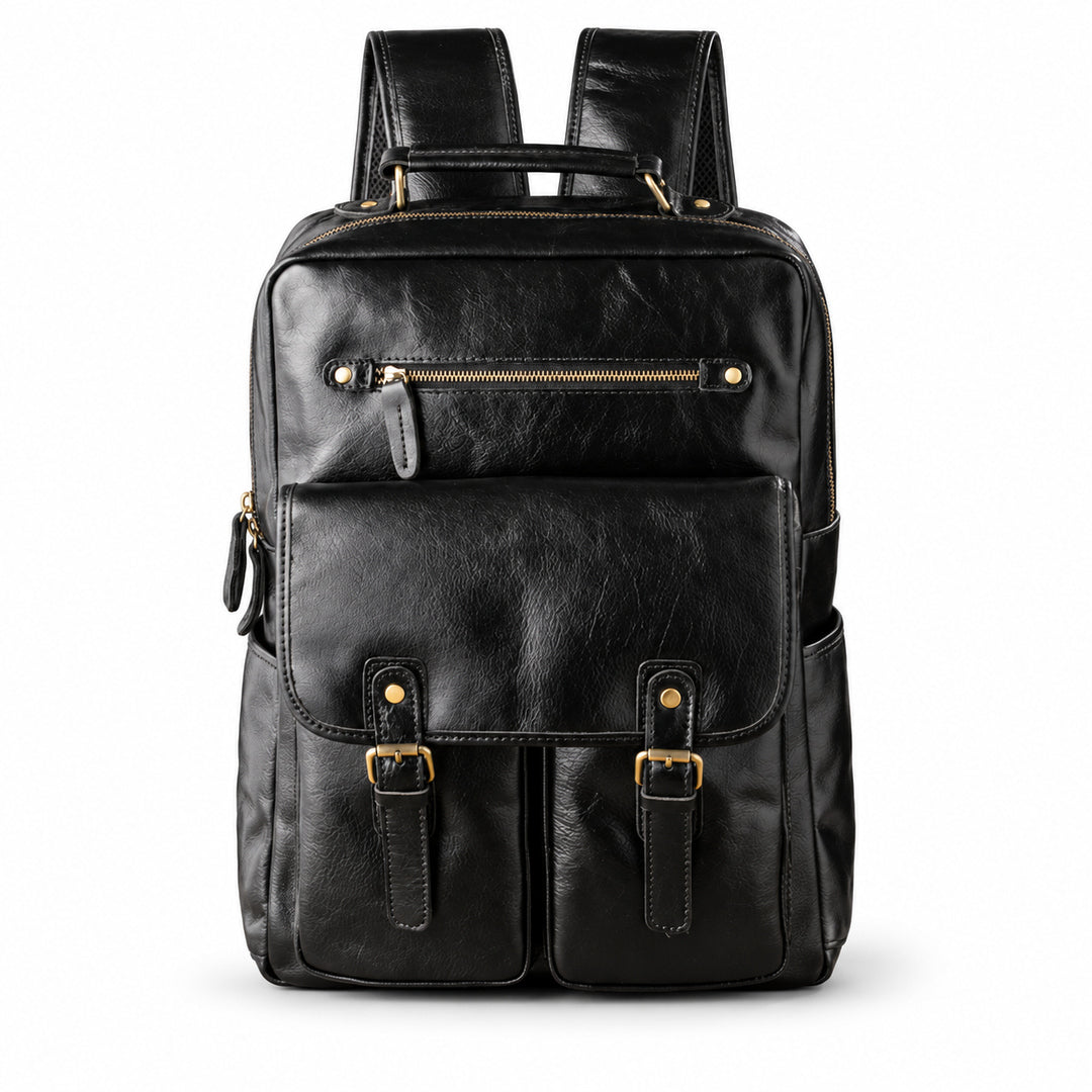 A black leather backpack with gold-tone hardware, featuring a front flap pocket with two buckle straps, a zippered top compartment, and side pockets.