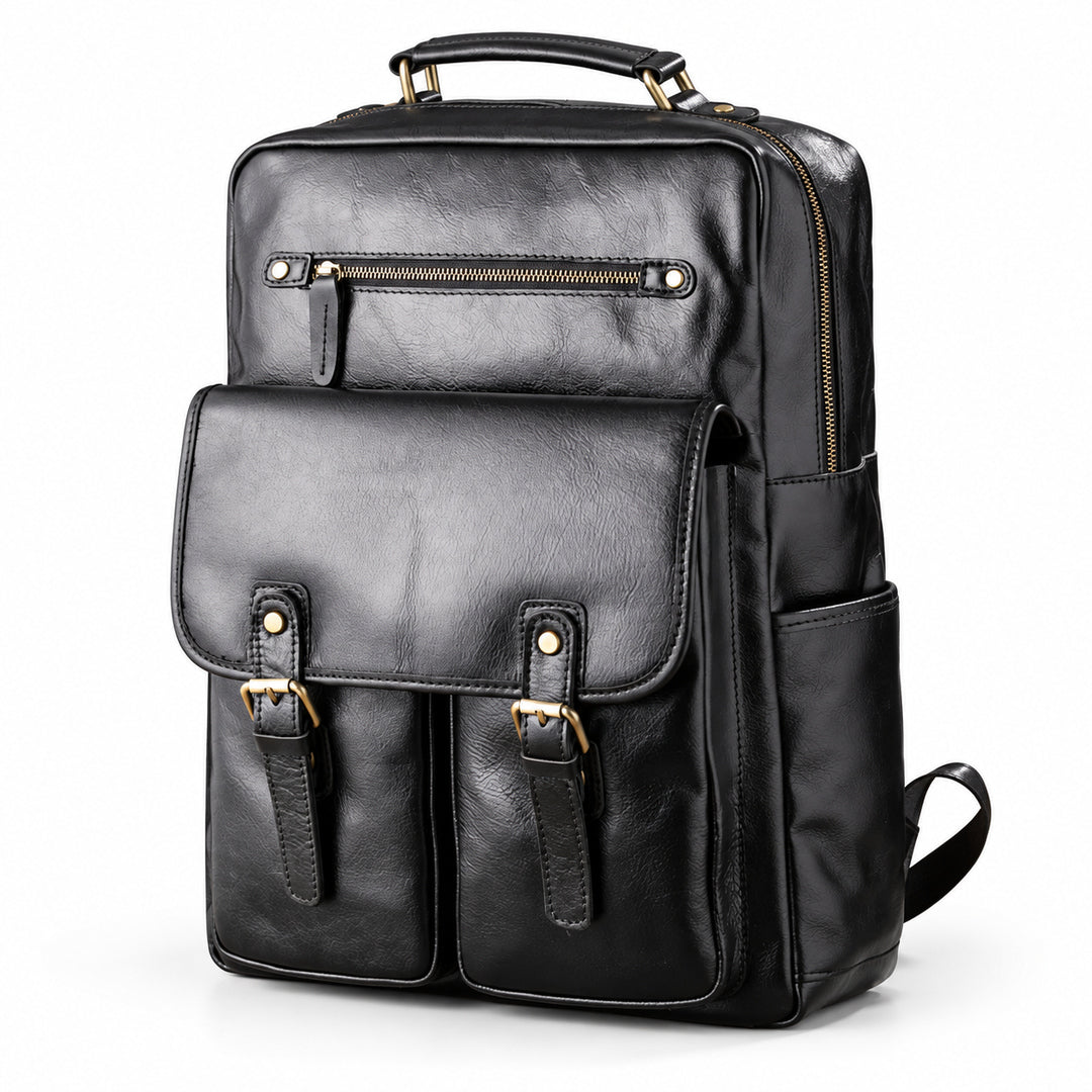 Black faux leather backpack with gold-tone hardware, featuring a top handle, front flap pocket with buckle straps, and side pockets.