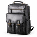 Black faux leather backpack with gold-tone hardware, featuring a top handle, front flap pocket with buckle straps, and side pockets.