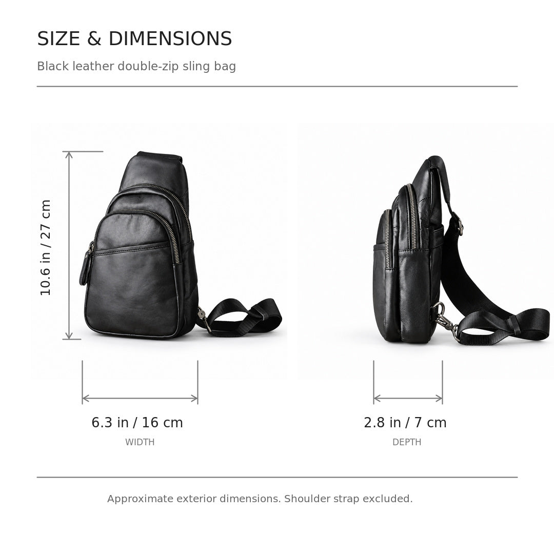 Size and dimensions chart for a black leather double-zip sling bag, showing front and side views with measurements for height, width, and depth on a white background.