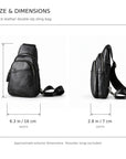 Size and dimensions chart for a black leather double-zip sling bag, showing front and side views with measurements for height, width, and depth on a white background.