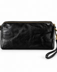 Black leather wristlet clutch with a top zipper and wrist strap, featuring gold-tone hardware.