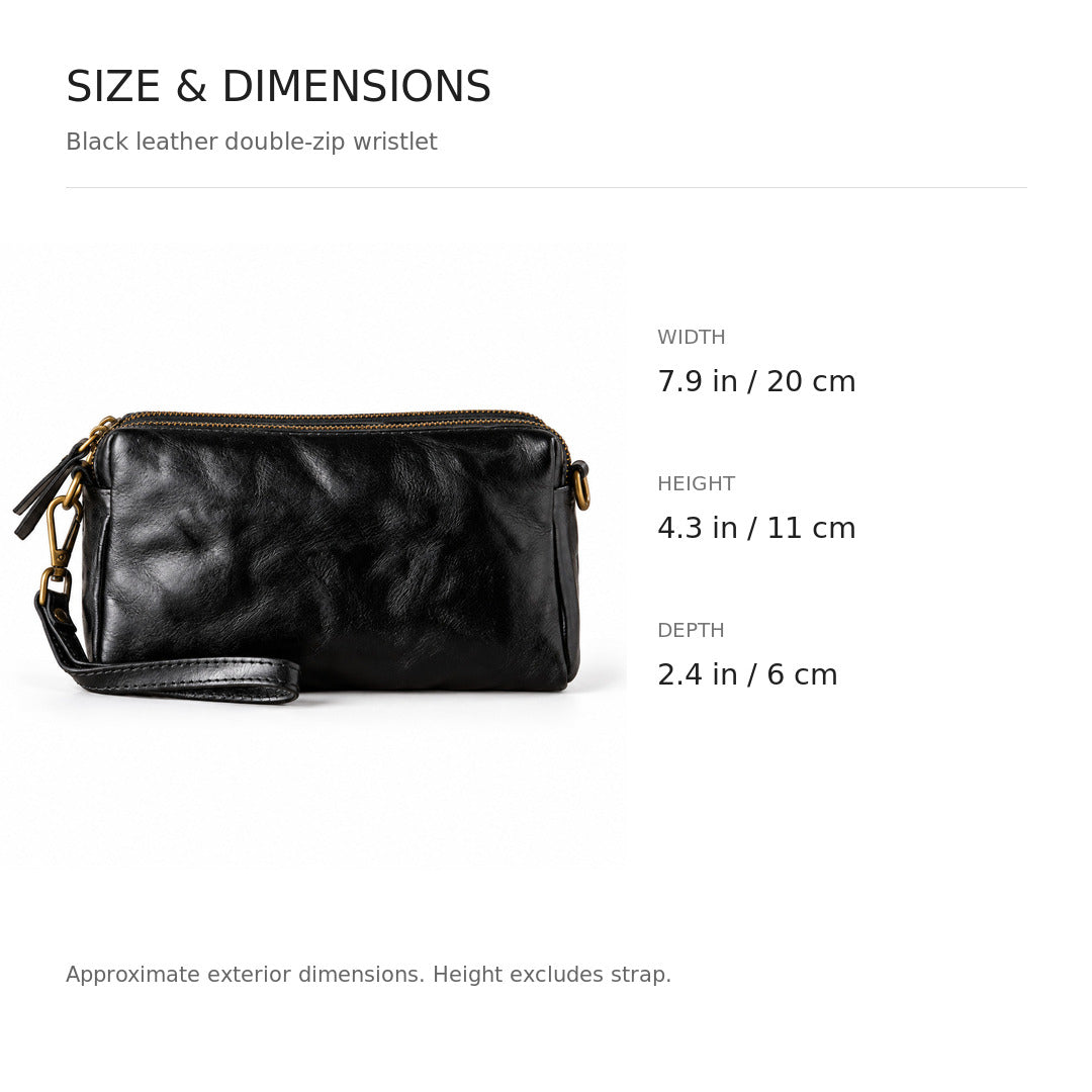 Black leather double-zip wristlet clutch shown with size and dimensions.