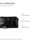 Black leather double-zip wristlet clutch shown with size and dimensions.