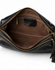 An open black leather pouch bag with a brown fabric interior, gold-tone zippers, and gold-tone hardware.