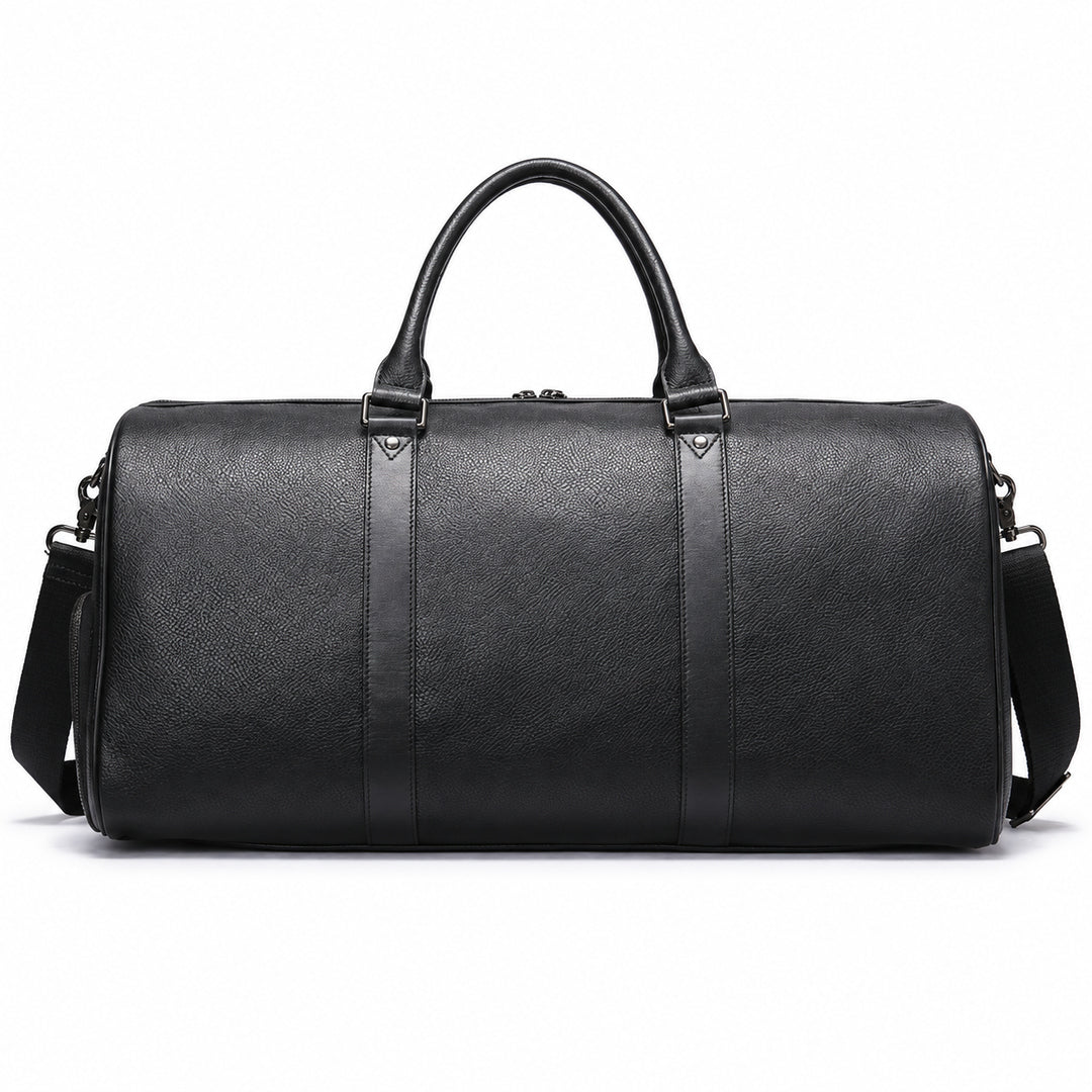 A black textured leather duffel bag with dual top handles and a detachable shoulder strap, shown against a plain white background.