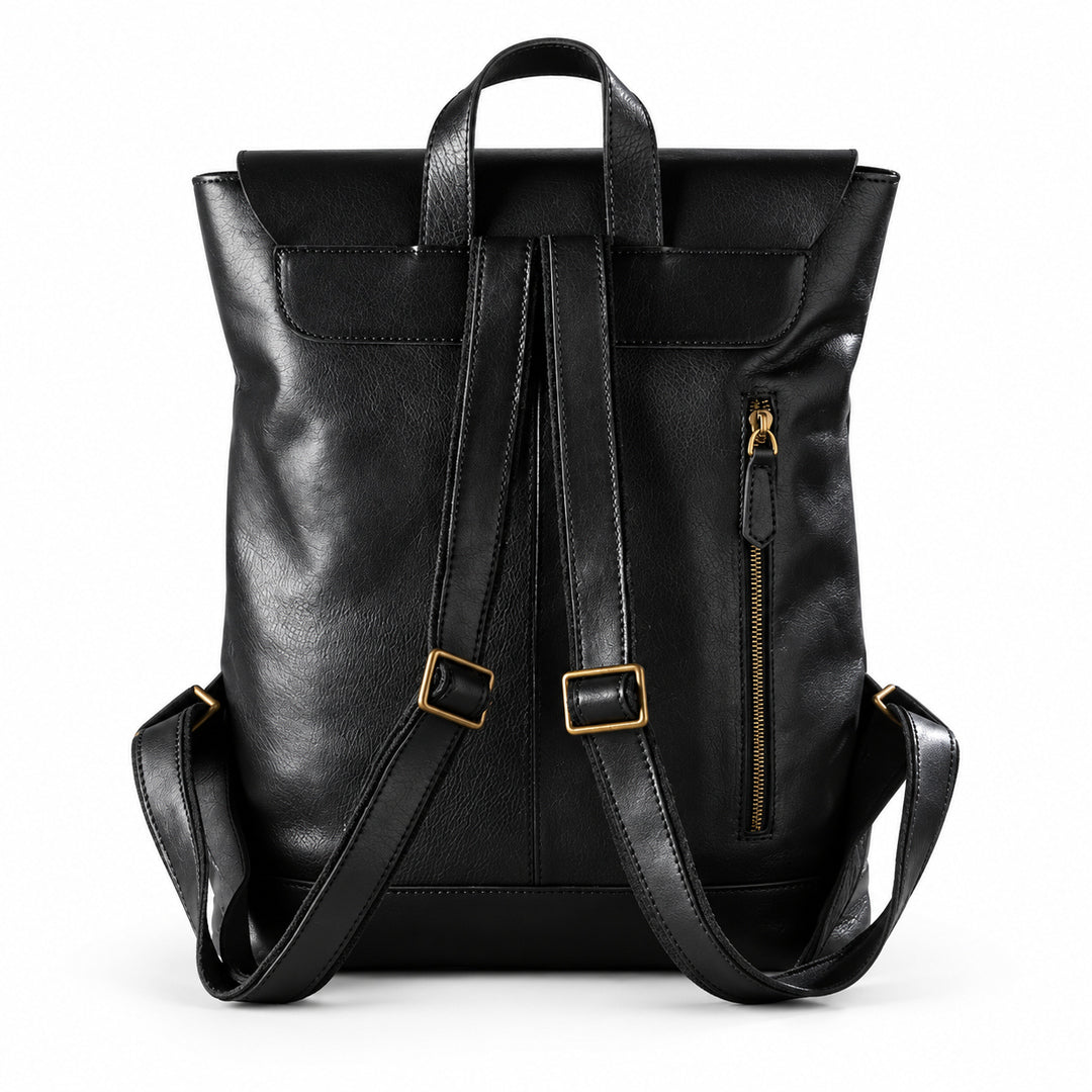 Black leather backpack with gold-tone hardware, shown from the back.