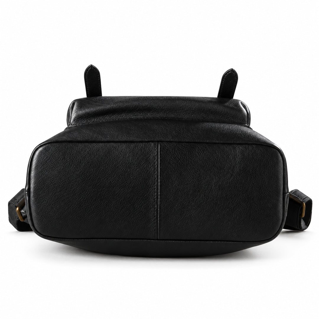 Black textured leather shoulder bag shown from the back, featuring a vertical center seam, two small upright tab details on top, and a black strap with gold-tone hardware.