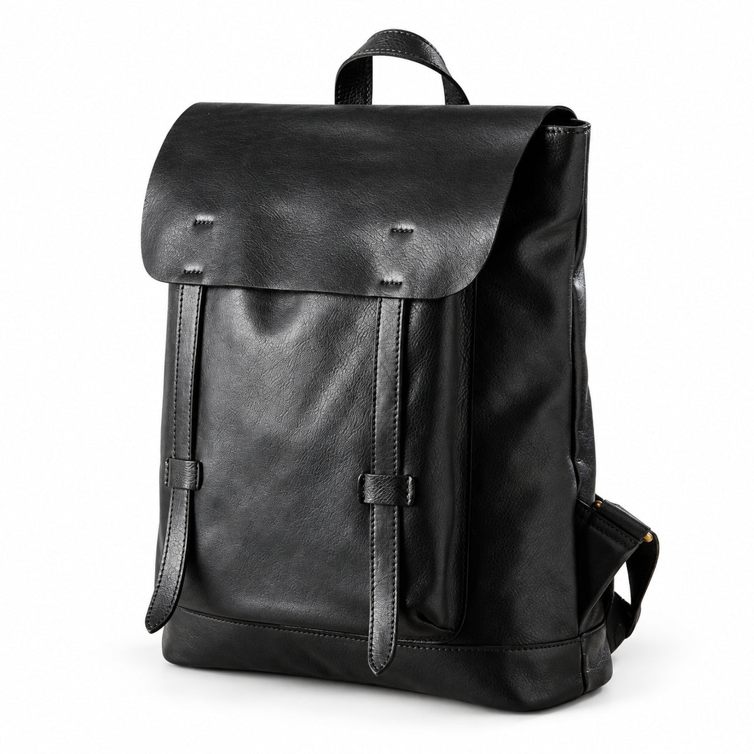 A black leather backpack with a top flap, front strap details, and a top handle.