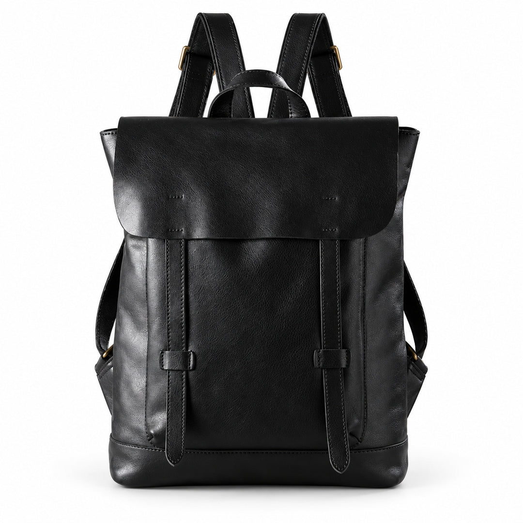 A black leather backpack with a front flap, buckle straps, and top handles.