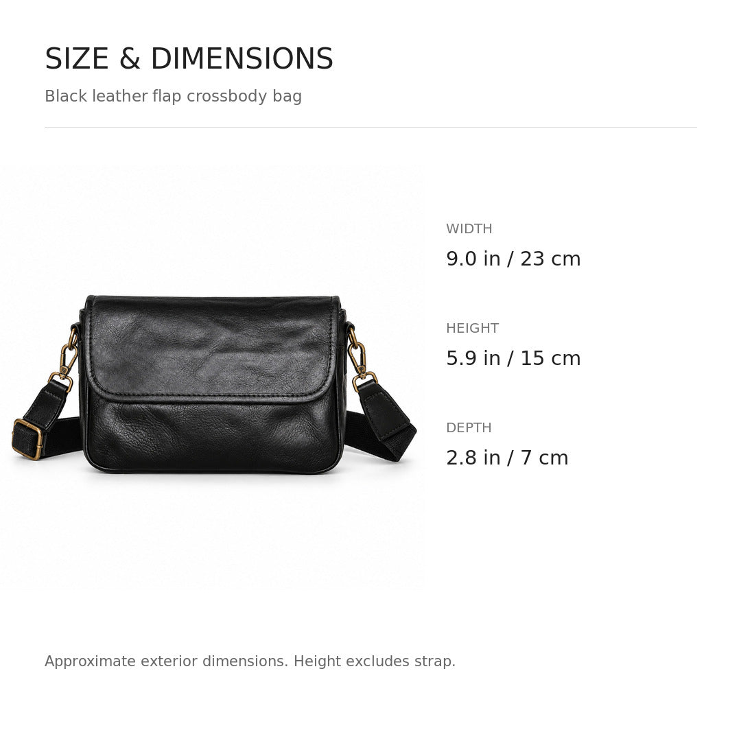 A black leather flap crossbody bag shown on a white background with text listing dimensions: width 9.0 in (23 cm), height 5.