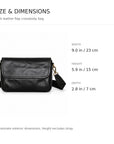A black leather flap crossbody bag shown on a white background with text listing dimensions: width 9.0 in (23 cm), height 5.