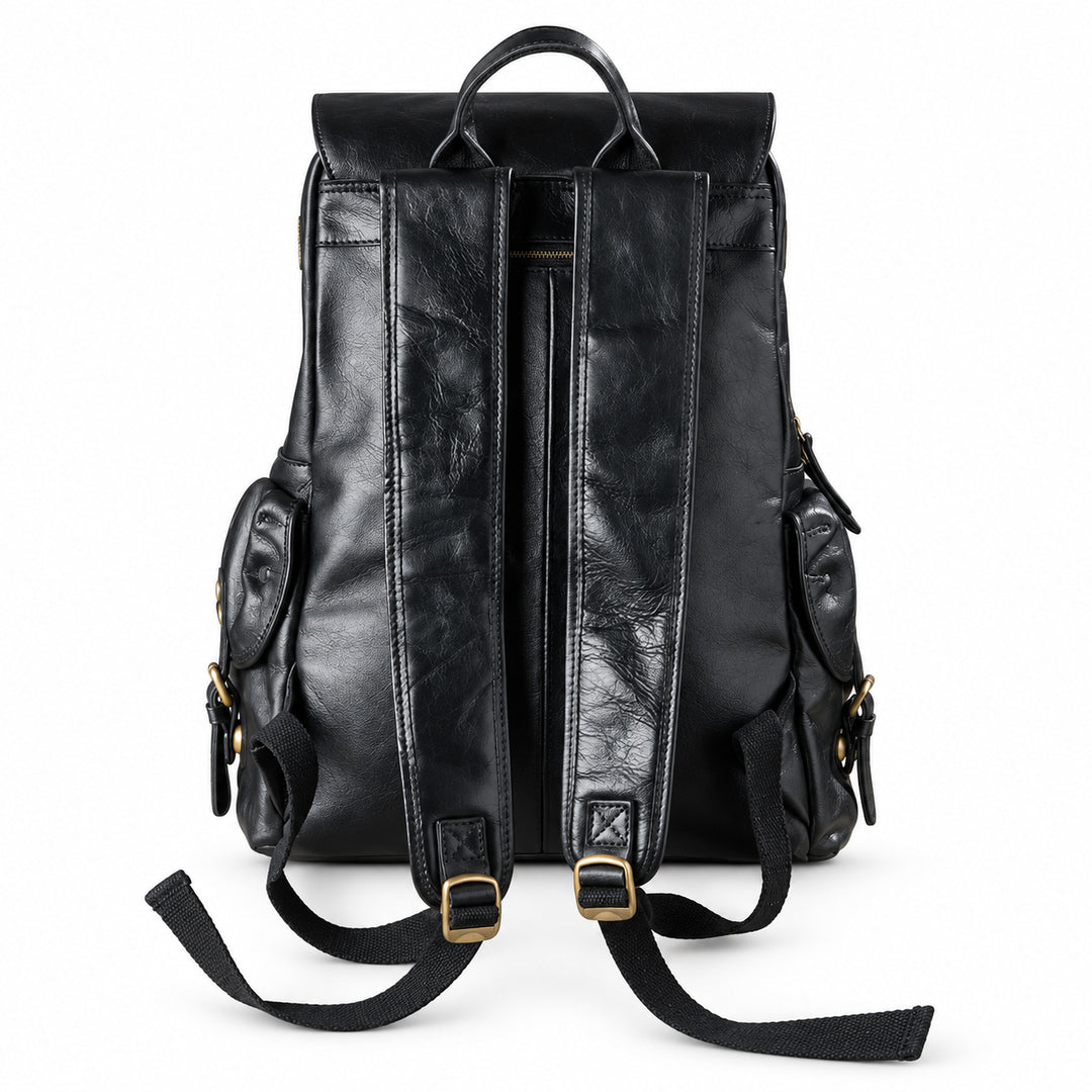 Black leather backpack shown from the back, featuring dual top handles, adjustable shoulder straps with gold-tone buckles, and side zippered pockets.
