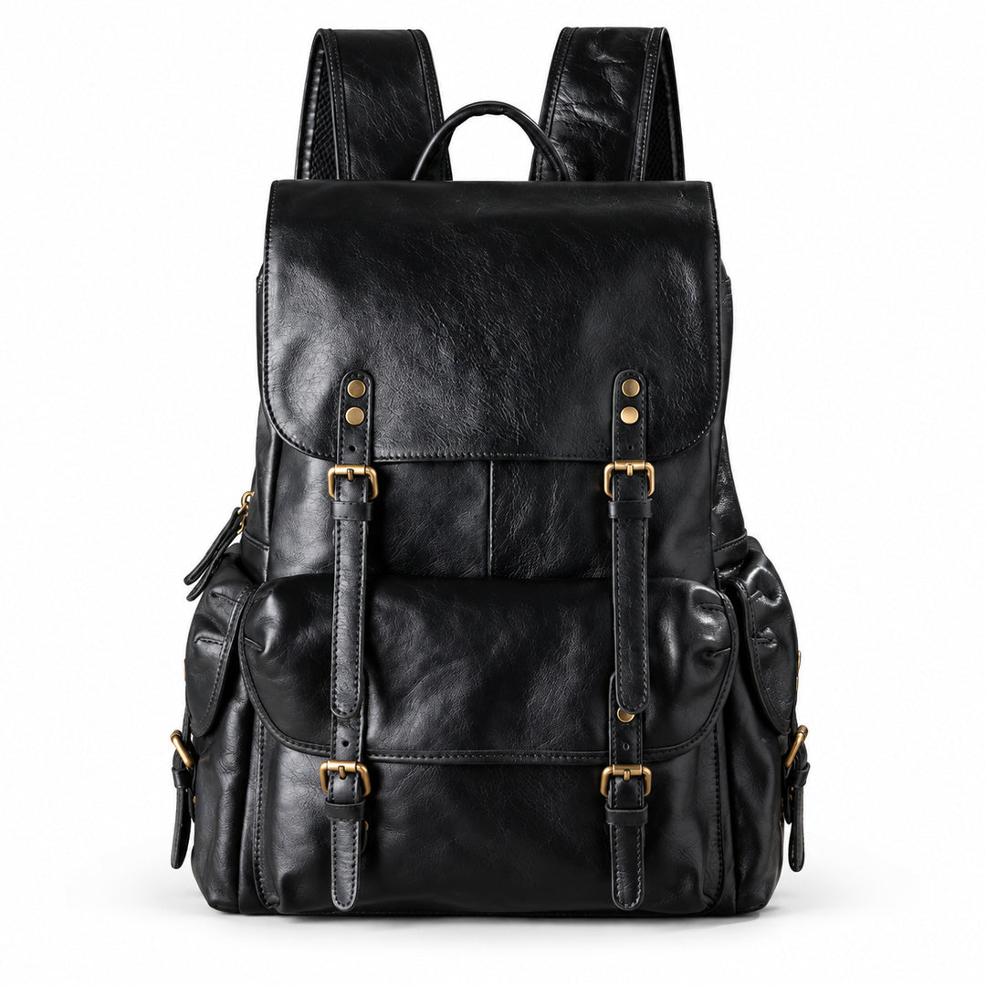 A black distressed leather backpack with gold-tone buckle details.