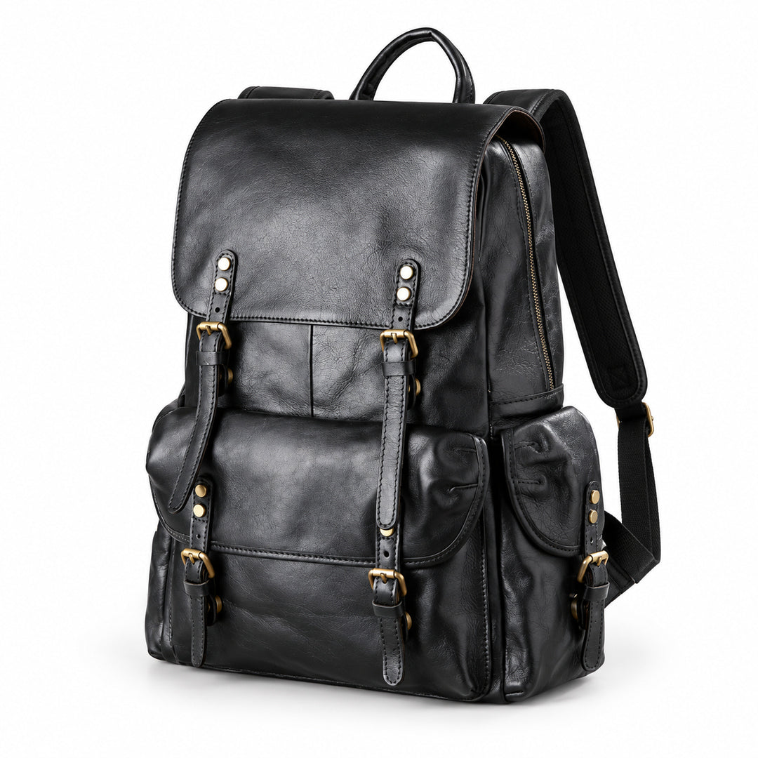 A black leather backpack with gold-tone hardware, featuring a front flap with buckle straps, a main zippered compartment, and a side pocket.