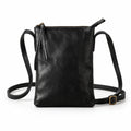 Black leather crossbody bag with a top zipper, front zipper pocket, and adjustable shoulder strap on a white background.