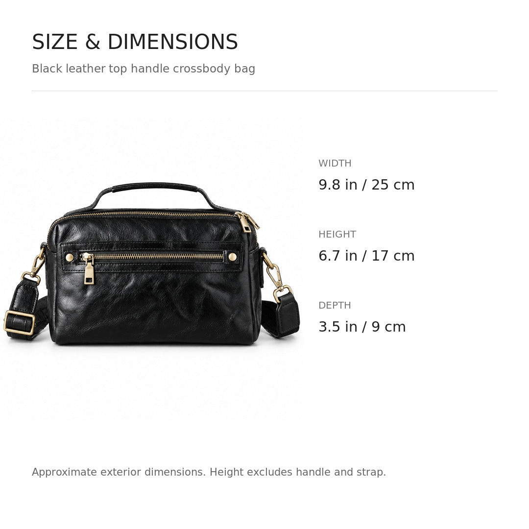 Black leather top-handle crossbody bag with gold-tone hardware.