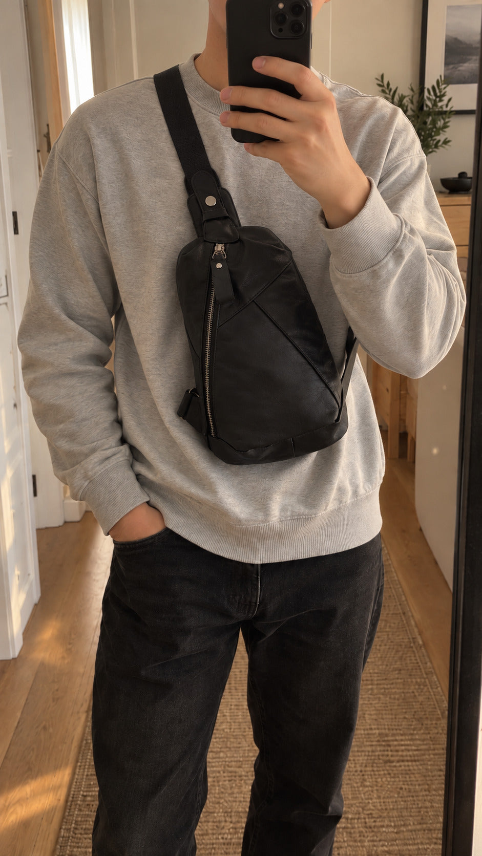 Men wearing a black leather sling bag crossbody with a casual grey sweatshirt and black jeans