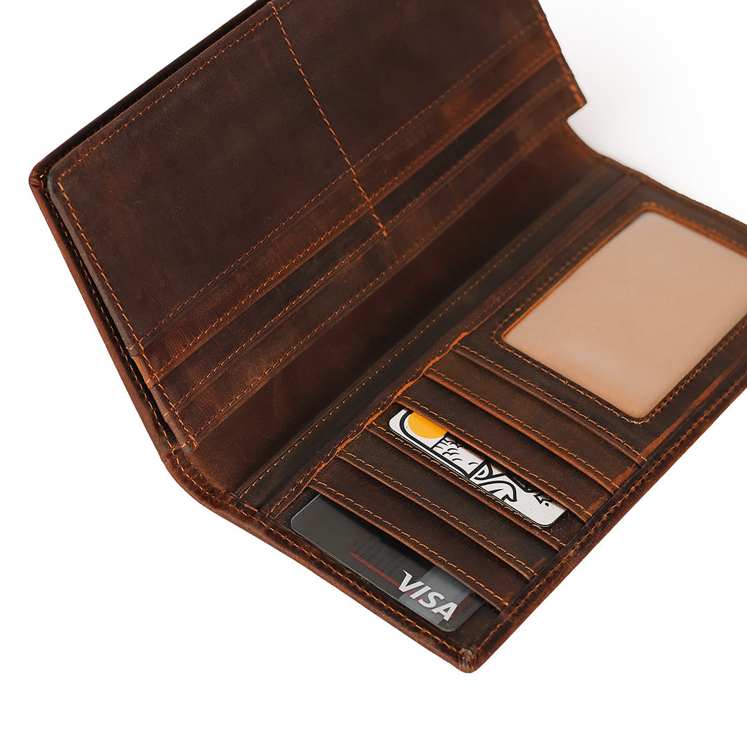 Brown leather wallet with card slots on a white background