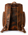 A brown leather backpack shown from the back, featuring a distressed finish, contrast stitching, top carry handle, side pockets, and adjustable shoulder straps.