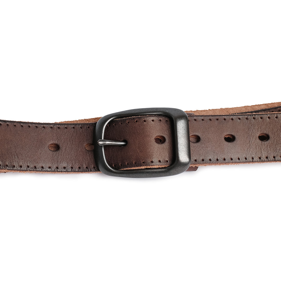 Close-up of the belt strap featuring precise stitching and adjustment holes for a customized fit.