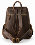 Back of a brown leather backpack showing both shoulder straps, carry handle and rear zip pocket.
