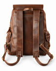 A brown leather backpack shown from the back, featuring dual padded shoulder straps, side pockets, and contrast stitching.