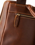 Close-up of a brown leather bag showing a front zipper pocket with white contrast stitching, a leather pull tab, and part of a dark webbed handle.