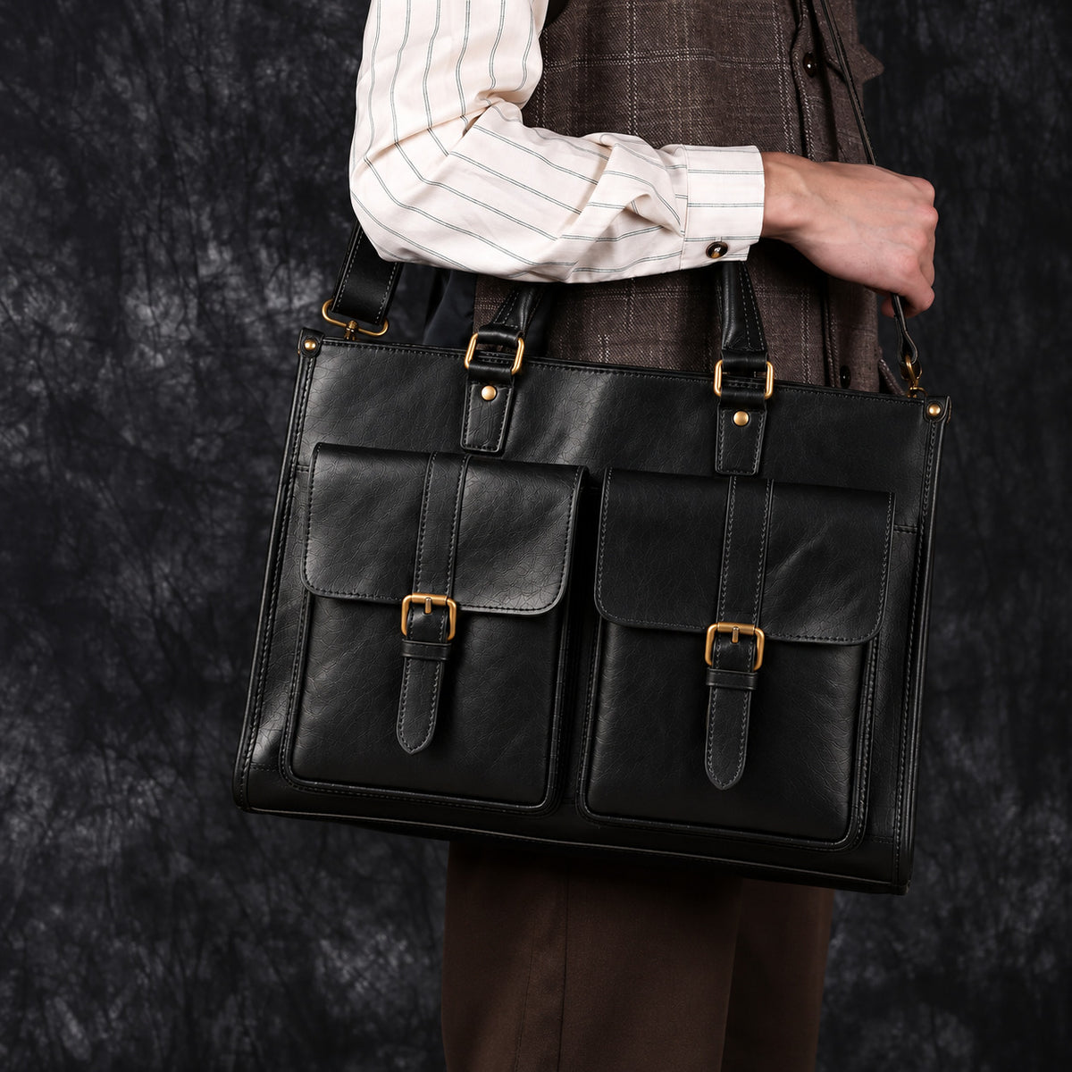 Business black leather briefcase for men with two large front buckle pockets, top handles and adjustable shoulder strap