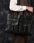 Business black leather briefcase for men with two large front buckle pockets, top handles and adjustable shoulder strap
