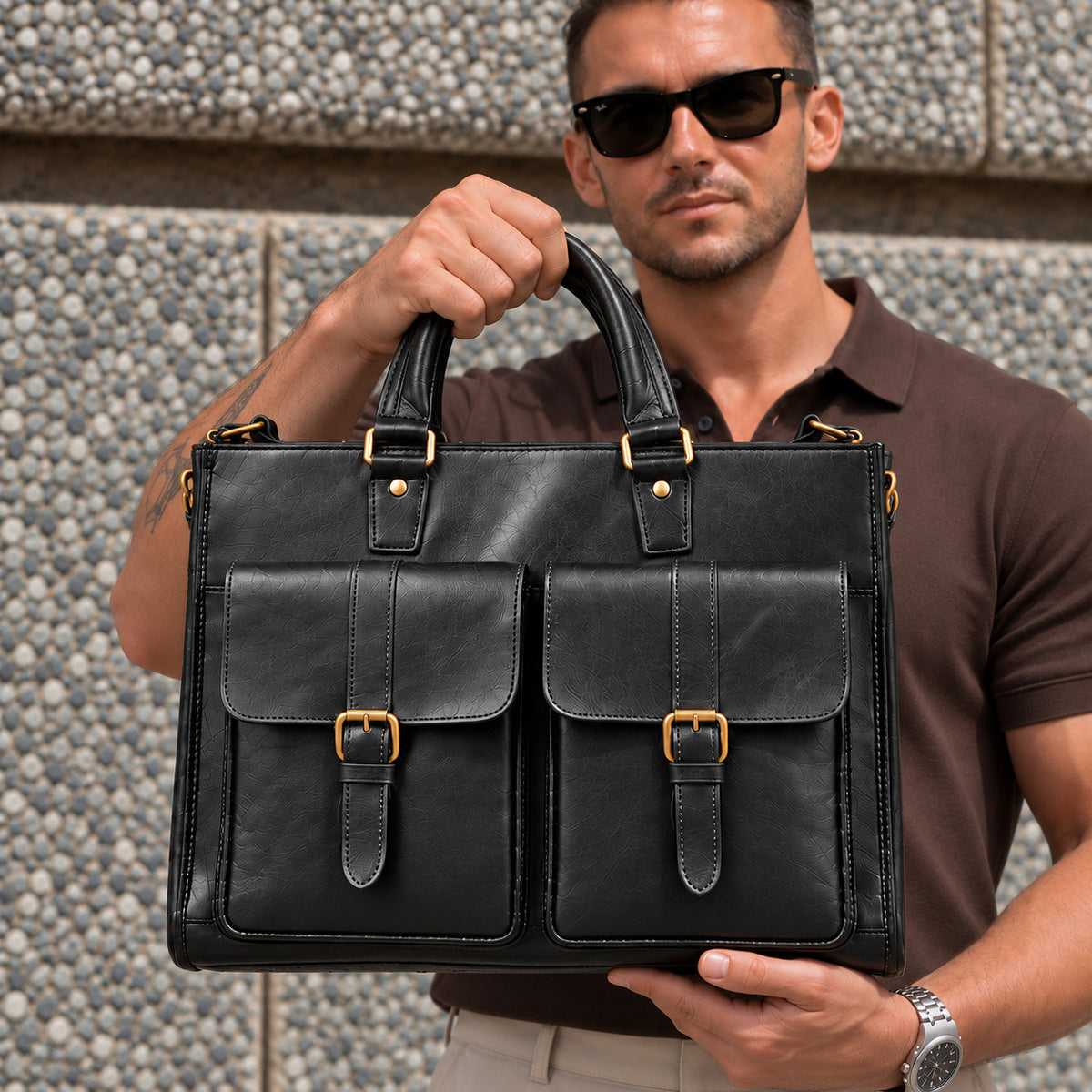 Business black leather laptop bag for men with dual front flap pockets, buckle details and padded carry handles