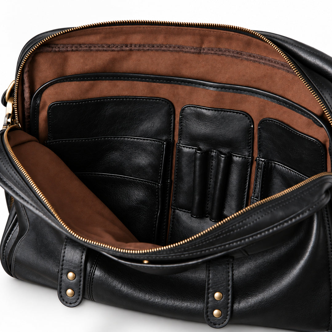 The black leather briefcase opens to reveal brown lining and a black leather organizer with pockets, card slots and two pen loops.