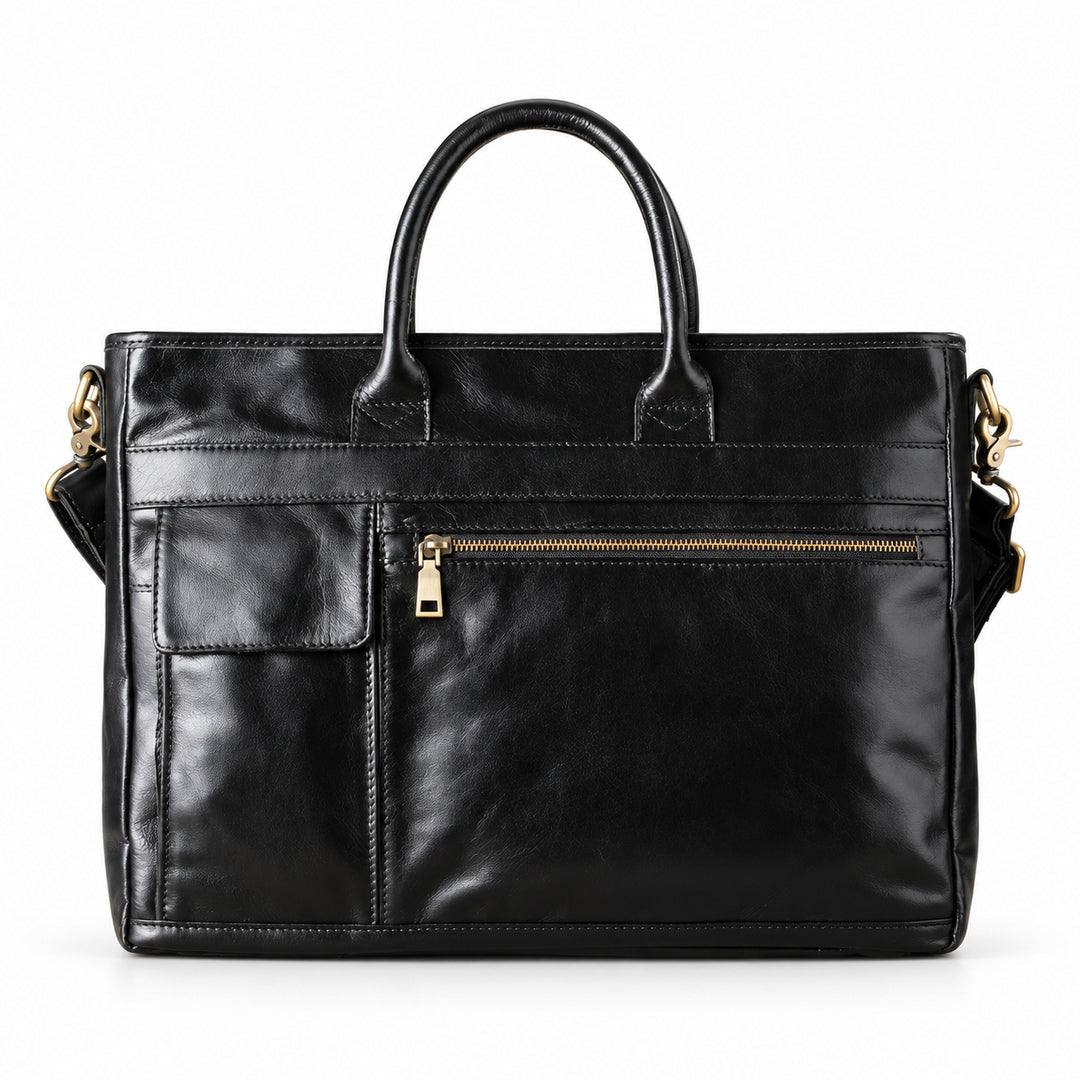 Classic black full-grain leather briefcase with rounded handles, a front flap pocket and zip pocket