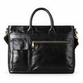 Classic black full-grain leather briefcase with rounded handles, a front flap pocket and zip pocket