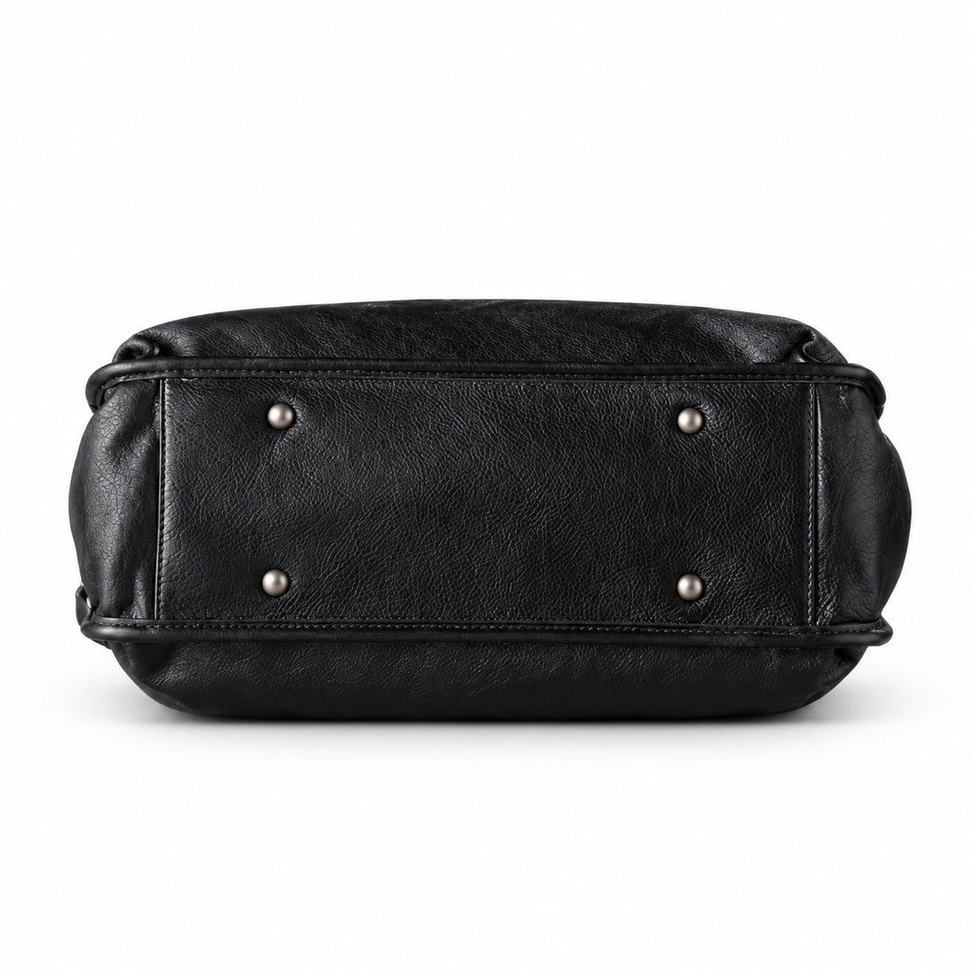 Classic black full-grain leather tote base with four metal feet and stitched leather edging