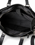 Classic black full-grain leather tote open interior with black lining, an inner sleeve and retaining tab