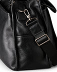 Classic black full-grain leather tote shoulder strap with a swivel clasp and rectangular metal adjuster