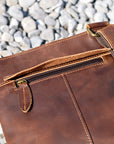 Close-up of a zipper pocket on a brown leather crossbody bag.