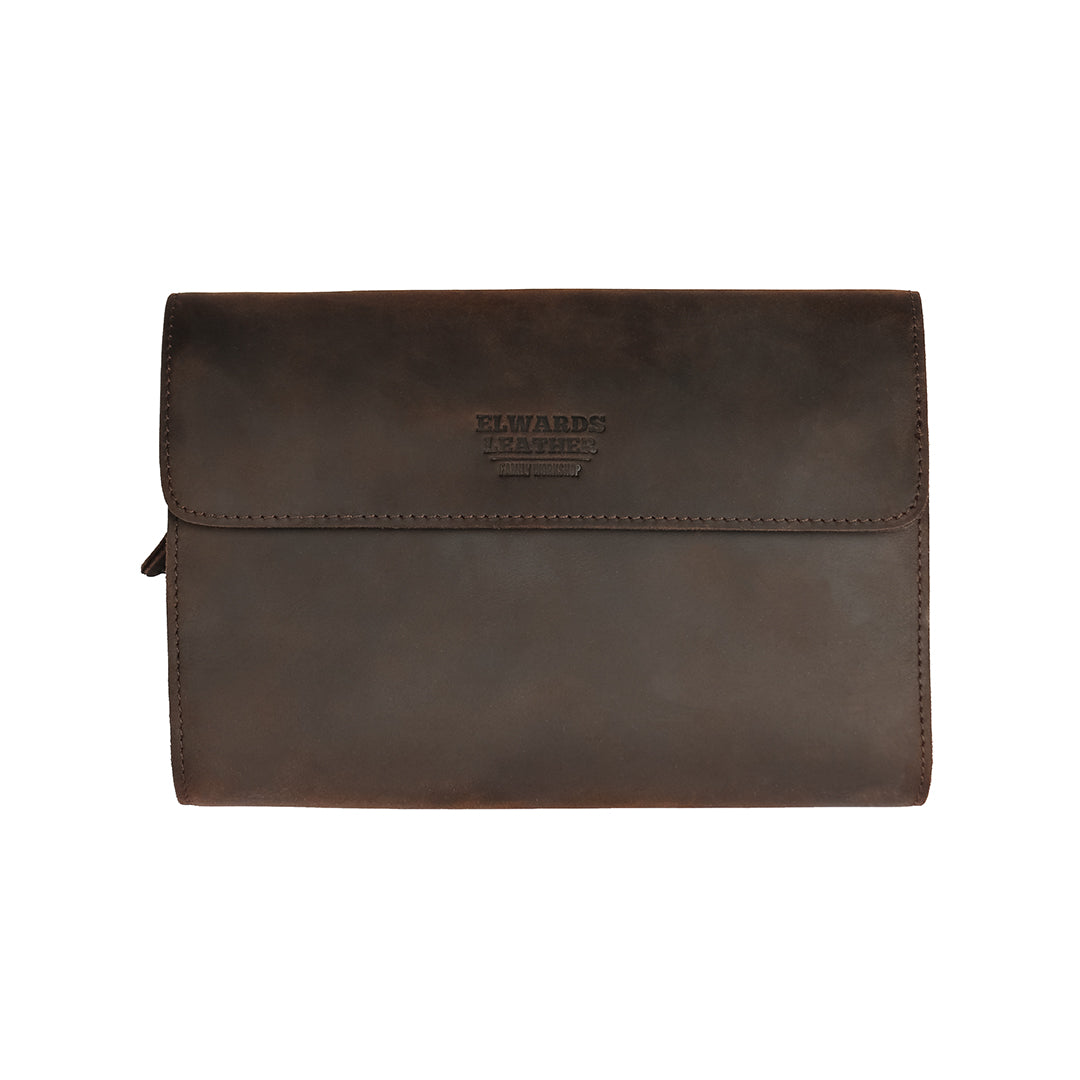 Straight front view of a men&#39;s dark brown leather clutch, highlighting the smooth texture and classic retro design.