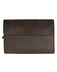 Straight front view of a men's dark brown leather clutch, highlighting the smooth texture and classic retro design.